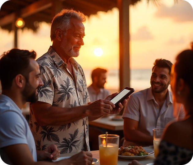 Happy guests enjoying a demo at sunset